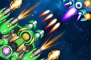 Nave espacial verde disparando proyectiles hacia una nave enemiga en un fondo estrellado del espacio