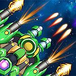 Nave espacial verde disparando proyectiles hacia una nave enemiga en un fondo estrellado del espacio