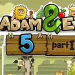 Portada de videojuego Adam & Eve 5 part II con dibujos animados de Adán, Eva, y animales en un entorno de selva