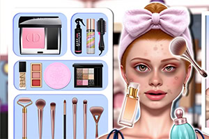 Mujer con toalla rosa en la cabeza aplicándose maquillaje, junto a un set de cosméticos y brochas