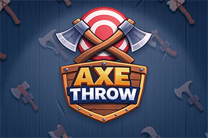Emblema con dos hachas cruzadas sobre una diana roja y blanca y el texto «AXE THROW», sobre fondo azul con siluetas de hachas
