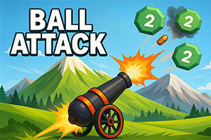 Cañón disparando una bola hacia bloques verdes numerados entre montañas, con el texto BALL ATTACK