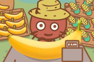 Ilustración de una tienda de frutas con una mascota de kiwi con sombrero y una banana grande con el precio $0