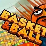 Logotipo del juego Basket & Ball con un balón de baloncesto caricaturizado y enojado sobre un fondo colorido de cancha de baloncesto