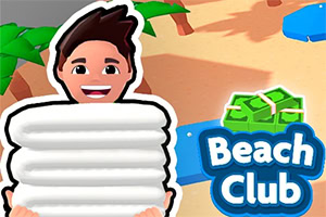 Personaje sonriente envuelto en una toalla blanca junto a un letrero azul que dice Beach Club en una playa tropical