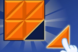 Cuadrado naranja grande con formas geométricas, un triángulo a la derecha siendo seleccionado por una mano en fondo azul