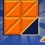 Cuadrado naranja grande con formas geométricas, un triángulo a la derecha siendo seleccionado por una mano en fondo azul