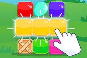Juego de rompecabezas con bloques de colores y un dedo seleccionando una pieza