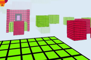 Diseño de gráficos en 3D de estructuras cúbicas rojas y verdes sobre un suelo cuadriculado verde