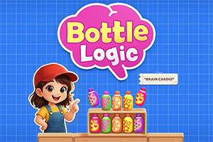 Niña caricaturesca con gorra roja junto a botellas de colores bajo un letrero rosa que dice Bottle Logic sobre fondo azul cuadriculado