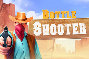 Vaquero con sombrero y pañuelo rojo apuntando un revólver, con fondo desértico y un letrero que dice Bottle Shooter
