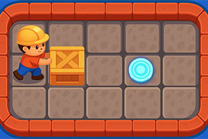 Personaje con casco empujando una caja de madera hacia un círculo azul brillante en un tablero de baldosas