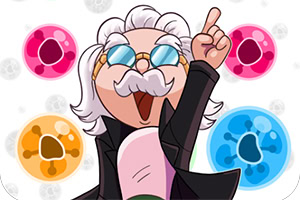 Un personaje animado con gafas de sol, bigote blanco y cabello gris levantando un dedo, rodeado de esferas de colores rojo, azul y anaranjado
