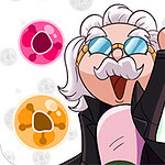 Brain Master Game for Genius Un personaje animado con gafas de sol, bigote blanco y cabello gris levantando un dedo, rodeado de esferas de colores rojo, azul y anaranjado