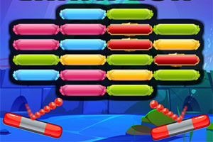 Bloques de colores brillantes organizados en filas con dos paletas rojas en la parte inferior y un fondo azul