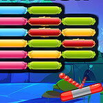 Breakout Champion Bloques de colores brillantes organizados en filas con dos paletas rojas en la parte inferior y un fondo azul
