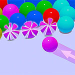 Bubble Game 3D Bolas de colores vibrantes agrupadas, con una flecha rosa señalando una bola rosa individual