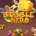 Imagen de Bubble Hero con ratones de dibujos animados, burbujas azules y un fondo de castillo y queso