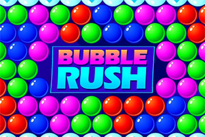 Burbujas de colores brillantes rodean un letrero central azul con el texto BUBBLE RUSH