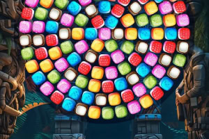 Pantalla de juego de rompecabezas con gemas de colores en forma de corazón y decoración de templo antiguo