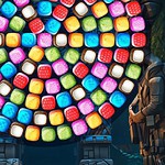 Bubble Shooter Candy Wheel Level Pack Pantalla de juego de rompecabezas con gemas de colores en forma de corazón y decoración de templo antiguo