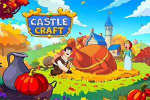 Imagen de dibujos animados con una princesa y un campesino en un paisaje otoñal cerca de un castillo, para el juego Castle Craft