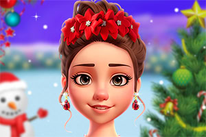 Retrato de joven con corona de flores rojas y aretes, frente a un fondo navideño con muñeco de nieve y árbol decorado