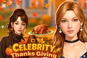 Dos mujeres elegantes frente a una cena de Acción de Gracias con pavo, hojas otoñales y el texto «Celebrity Thanksgiving»