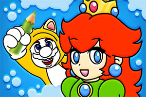 Princesa caricaturesca pelirroja con corona junto a un gato sonriente que sostiene un lápiz sobre un fondo azul con burbujas