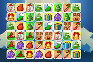 Juego de rompecabezas con temática navideña mostrando iconos de Santa Claus, árboles de navidad, renos, y regalos sobre un fondo montañoso