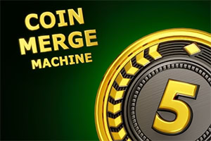 Texto amarillo «COIN MERGE MACHINE» junto a una gran moneda dorada con el número 5 sobre fondo verde oscuro