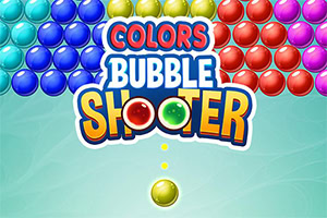 Logotipo colorido Colors Bubble Shooter rodeado de burbujas brillantes y una burbuja amarilla en la parte inferior