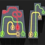 Letreros de neón en forma de los números 5, 0, 1 con circuitos y símbolos electrónicos en colores brillantes sobre fondo negro