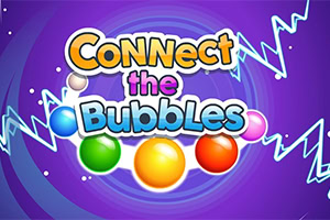 Texto colorido Connect the Bubbles rodeado de burbujas brillantes sobre un fondo morado con espirales y rayos