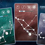 Tarjetas de constelaciones con símbolos y manos señalando en un fondo estrellado