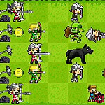 Defenders of the Realm: An Epic War! Escena de videojuego en estilo pixel art que muestra varios personajes y animales en combate