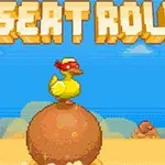 Pato de pixel art rodando sobre una roca en un desierto, logo de Desert Roll en la parte superior