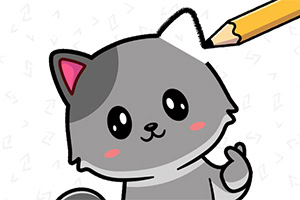 Dibujo de un gato gris kawaii con un lápiz