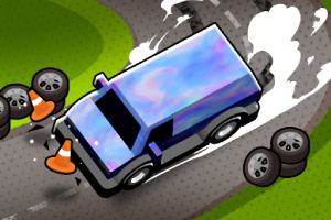 Camión azul con efecto iridiscente derrapando en una carretera con conos de tráfico y neumáticos dispersos