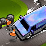 Camión azul con efecto iridiscente derrapando en una carretera con conos de tráfico y neumáticos dispersos