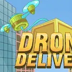 Ilustración de un dron verde entregando un paquete en la ciudad con el texto Drone Delivery