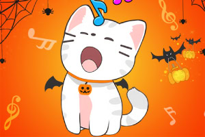 Dibujo animado de un gato blanco con alas de murciélago cantando en un fondo naranja de Halloween