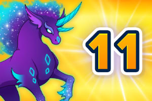 Dragón morado con cuerno y alas azules sobre un fondo estelar y el número 11 en un fondo amarillo brillante