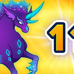 Dragón morado con cuerno y alas azules sobre un fondo estelar y el número 11 en un fondo amarillo brillante