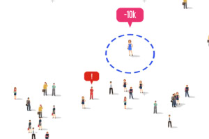 Ilustración de personas diminutas en un fondo blanco con iconos de redes sociales representando la interacción y los seguidores