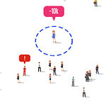 Ilustración de personas diminutas en un fondo blanco con iconos de redes sociales representando la interacción y los seguidores