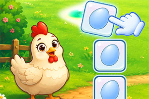 Gallina caricaturesca junto a fichas azules apiladas y una mano señalando en un jardín verde