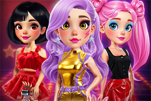 Tres chicas estilizadas con cabello colorido y ropa brillante posan sobre un fondo morado con estrellas