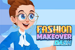 Mujer caricaturesca con gafas grandes y moño, vestida de azul, junto al texto Fashion Makeover Dash