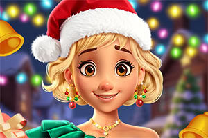 Mujer rubia sonriente con gorro de Papá Noel, joyas navideñas y luces de colores al fondo